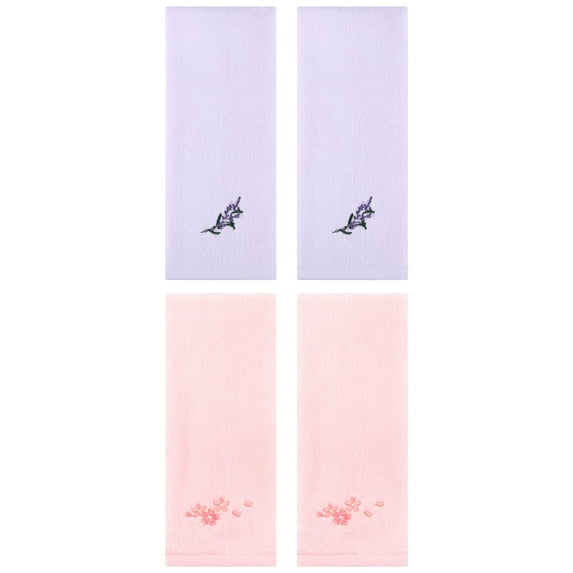 Unique Bargains 4 Pcs Floral Embroidered Cotton Hand Towels 13" x 29" Pink/Purple