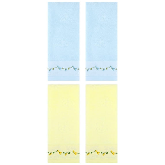 Unique Bargains 4 Pcs Floral Embroidered Soft Hand Towels 13" x 29" Blue/Light Yellow