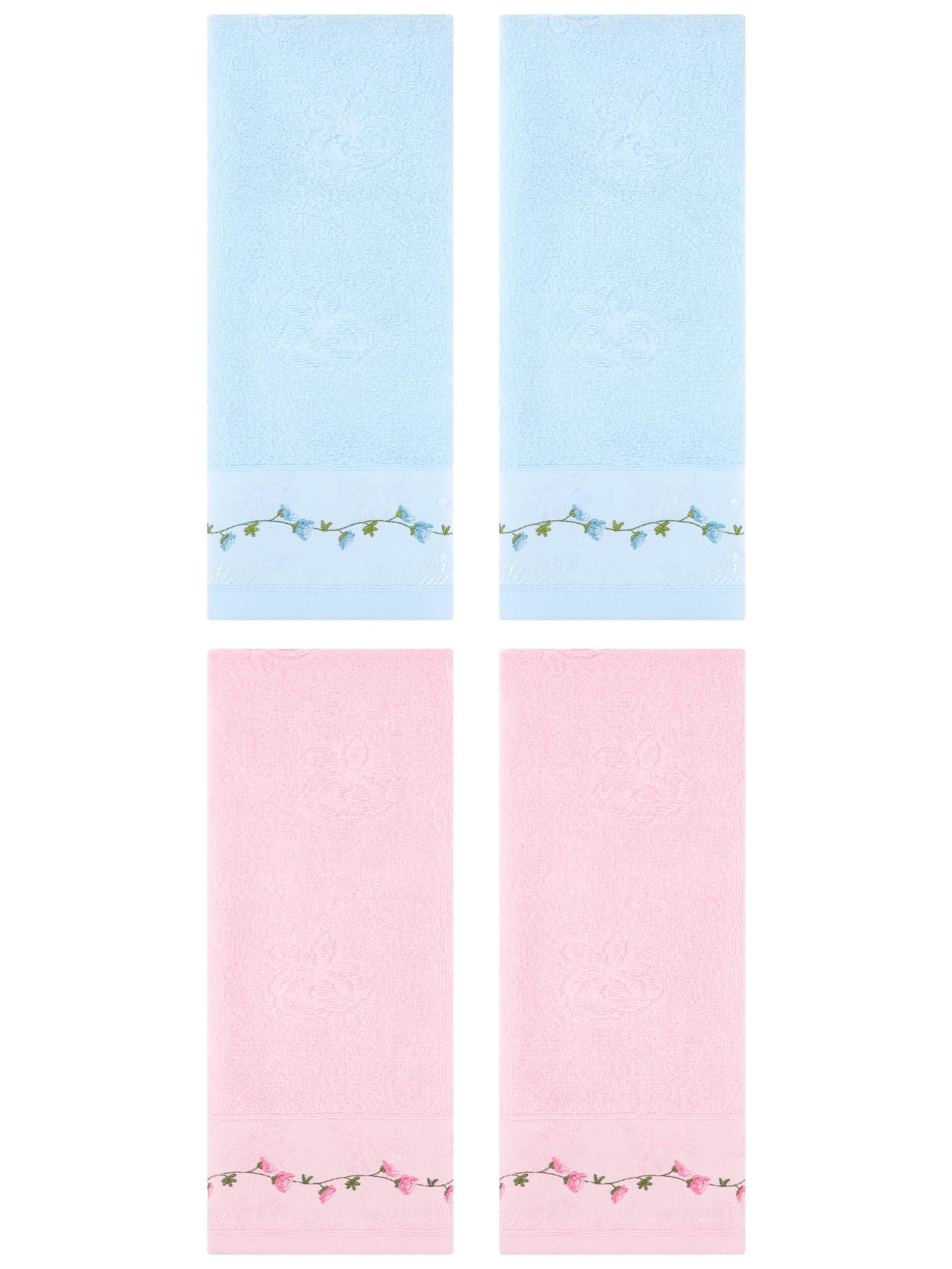 Unique Bargains 4 Pcs Floral Embroidered Soft Hand Towels 13" x 29" Pink/Blue