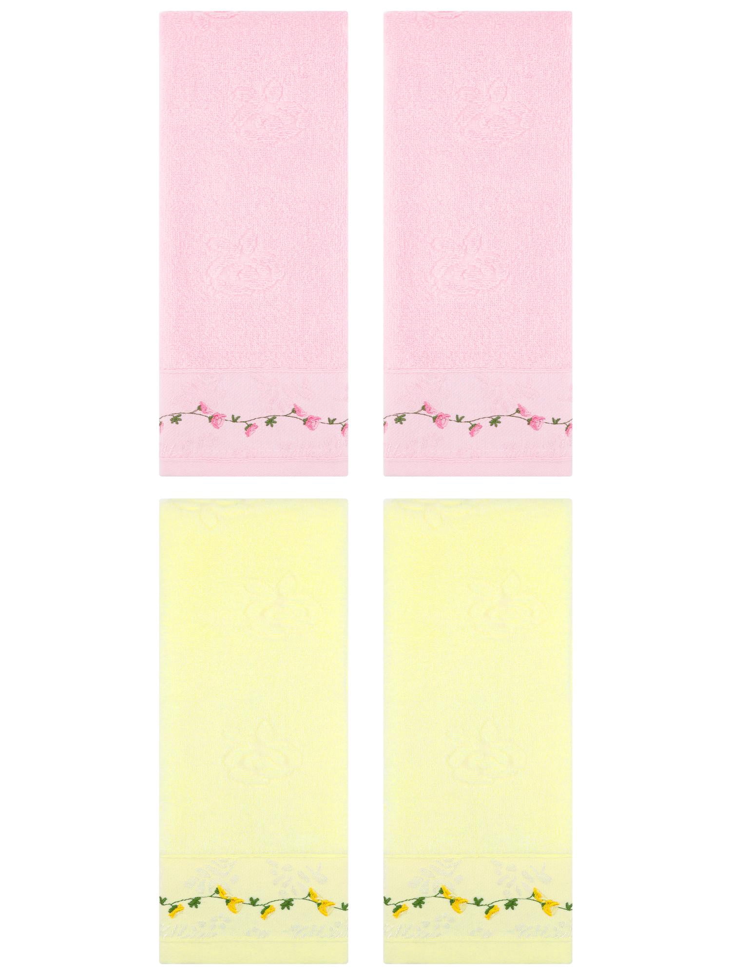 Unique Bargains 4 Pcs Floral Embroidered Soft Hand Towels 13" x 29" Pink/Light Yellow