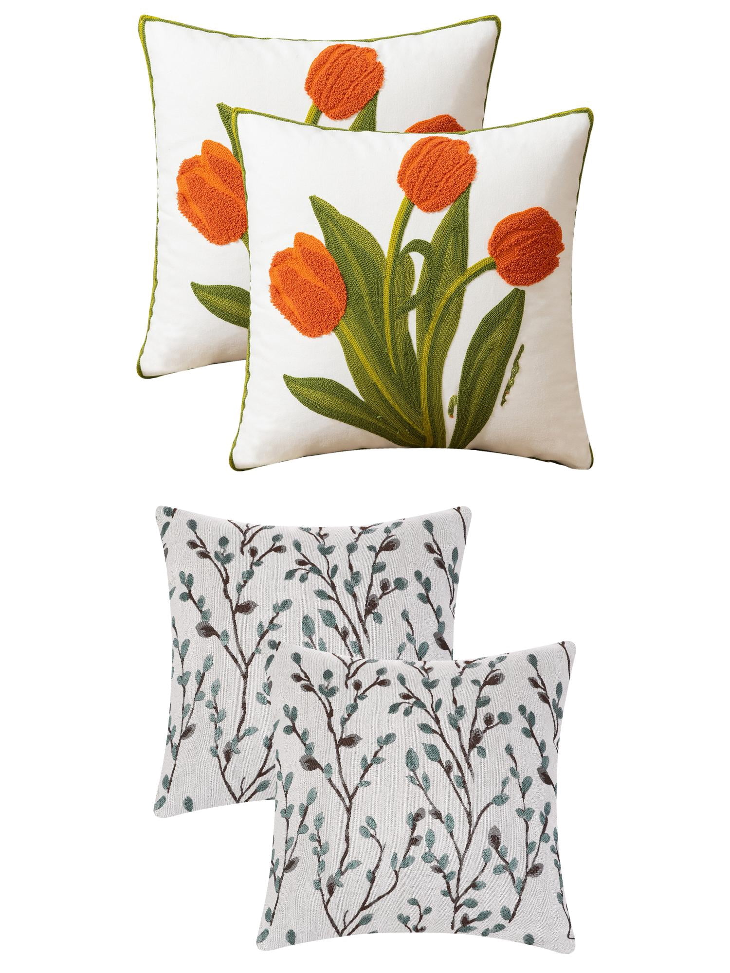 Unique Bargains 4 Pcs Floral Embroidered Throw Pillow Cases Blue Flower/Flower-2