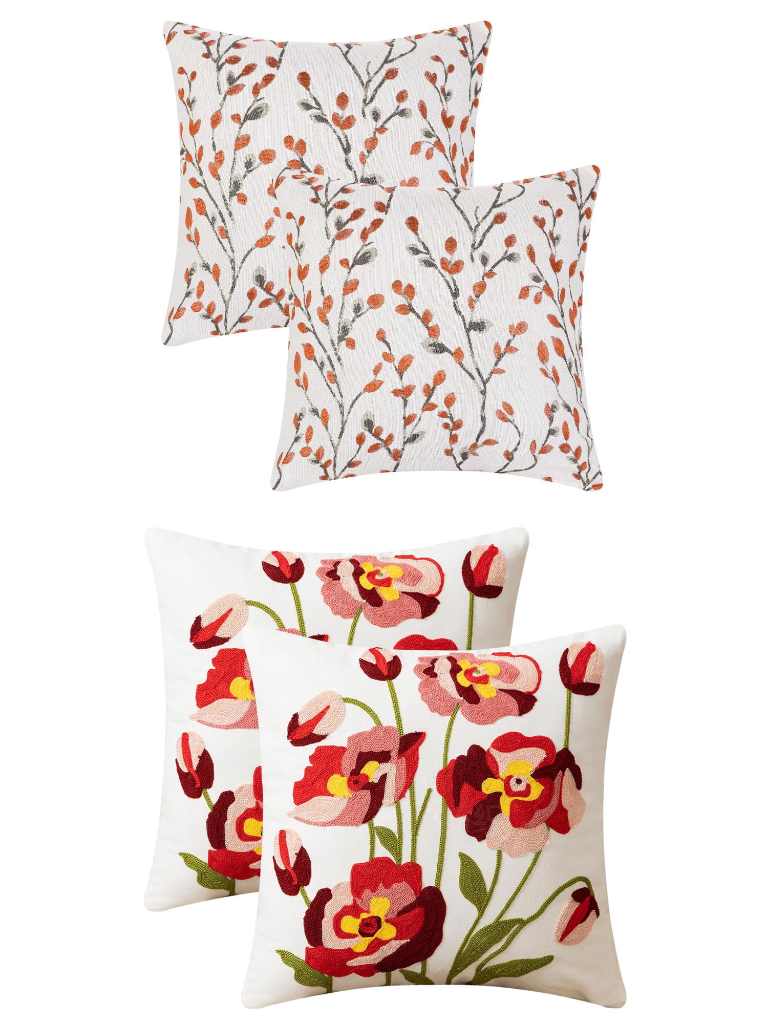 Unique Bargains 4 Pcs Floral Embroidered Throw Pillow Cases Orange Flower/Flower-4