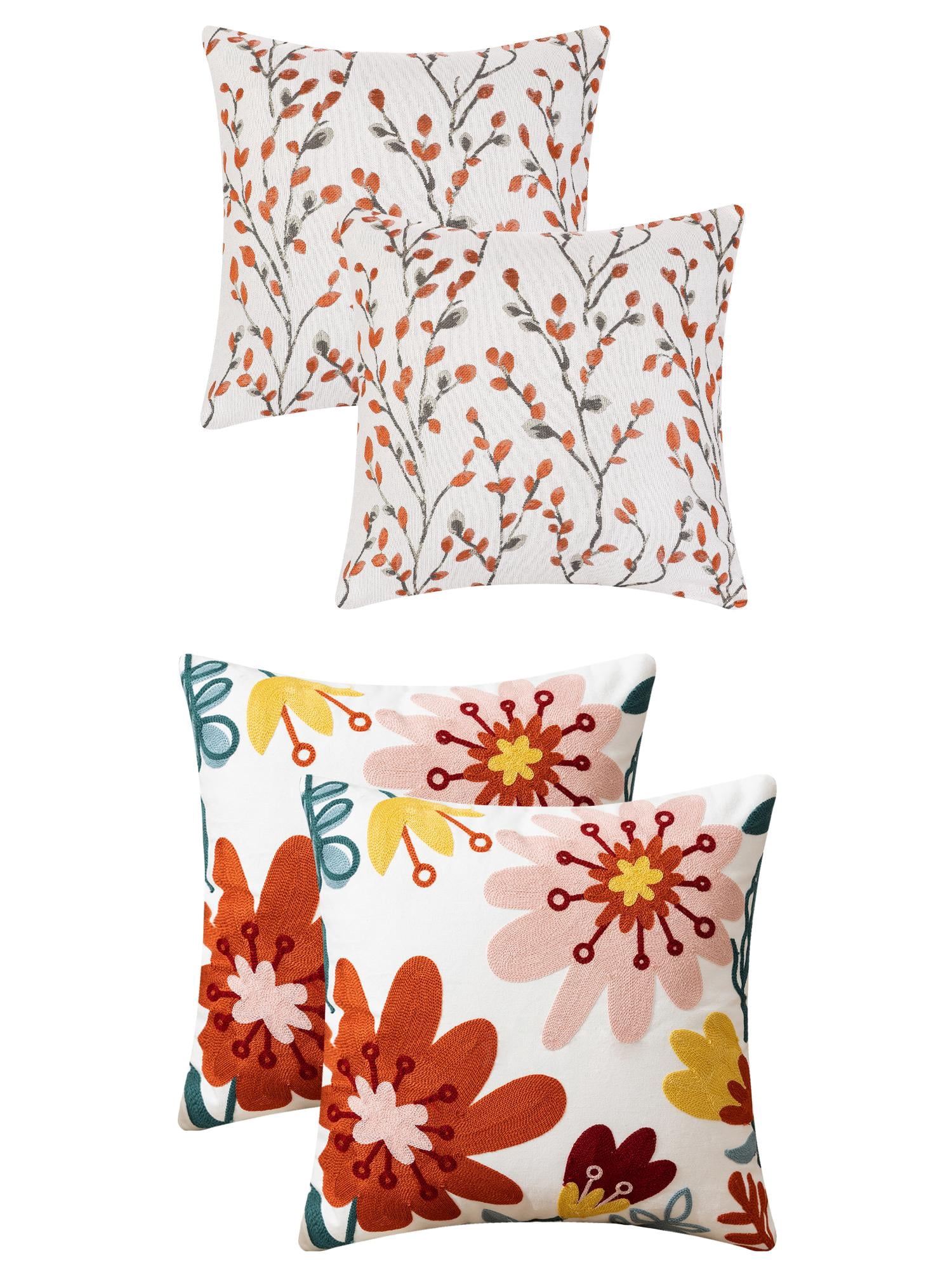 Unique Bargains 4 Pcs Floral Embroidered Throw Pillow Cases Orange Flower/Flower-7