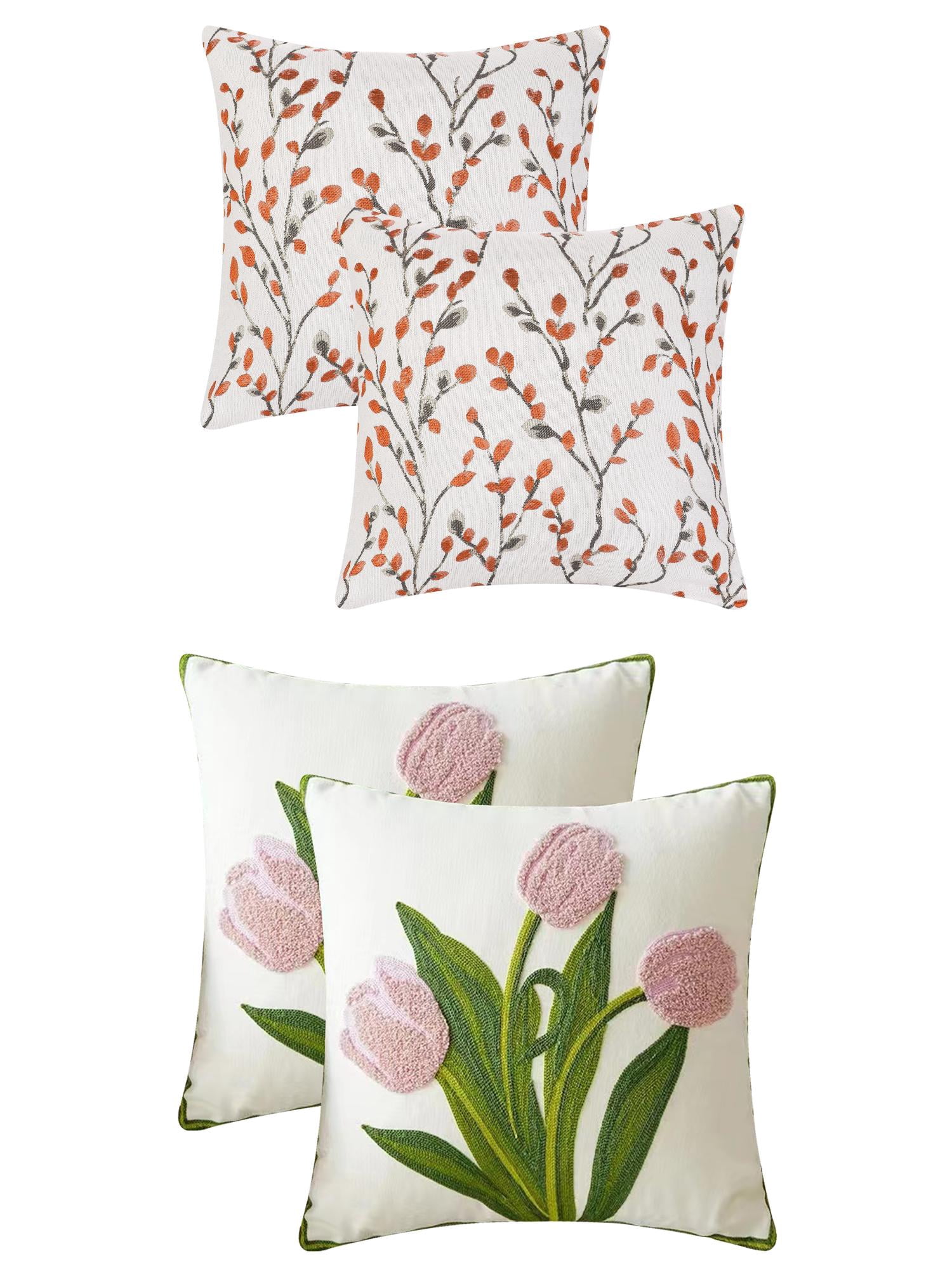Unique Bargains 4 Pcs Floral Embroidered Throw Pillow Cases Orange Flower/Flower-8