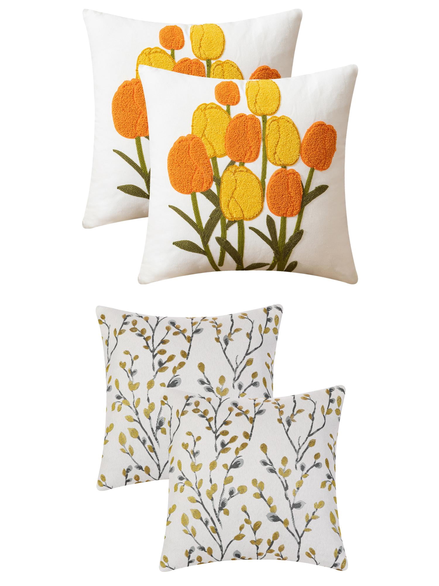 Unique Bargains 4 Pcs Floral Embroidered Throw Pillow Cases Yellow Flower/Flower-3