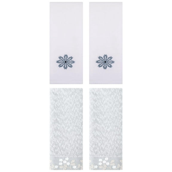 Unique Bargains 4 Pcs Floral Hand Towel Grey/White 14" x 28"/13" x 30"