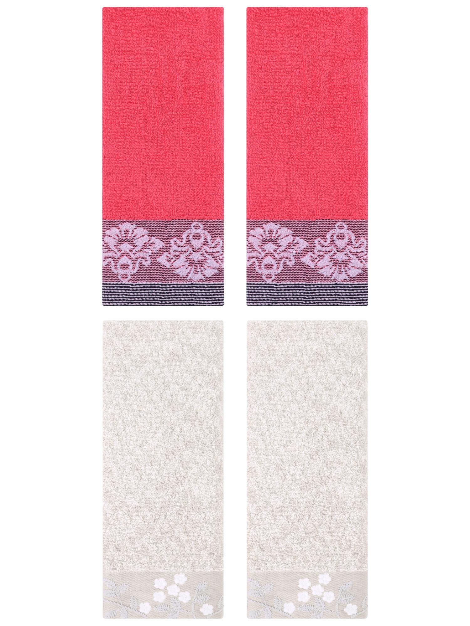 Unique Bargains 4 Pcs Floral Hand Towel Light Brown/Pink 14" x 28"/13" x 29"