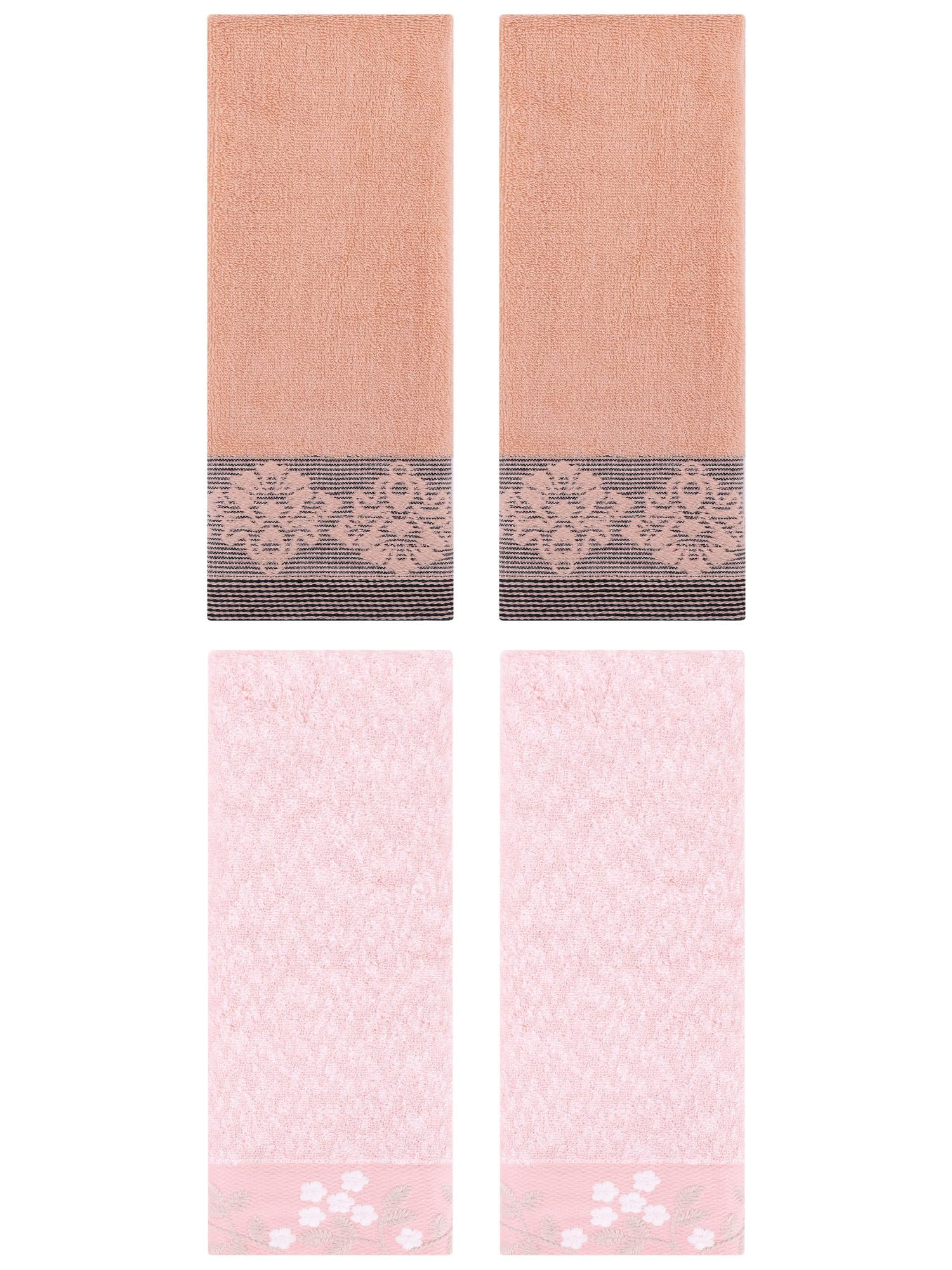 Unique Bargains 4 Pcs Floral Hand Towel Pink/Brown 14" x 28"/13" x 29"