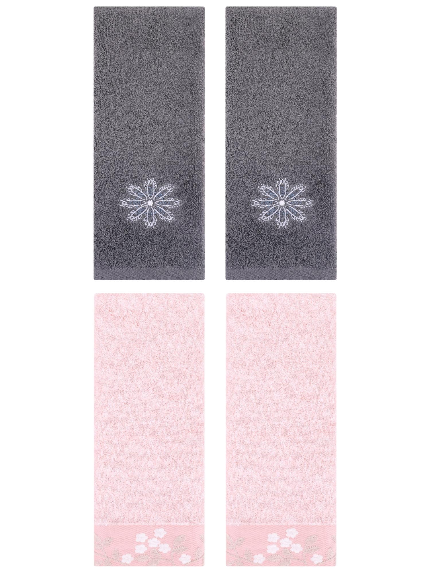 Unique Bargains 4 Pcs Floral Hand Towel Pink/Dark Grey 14" x 28"/13" x 30"
