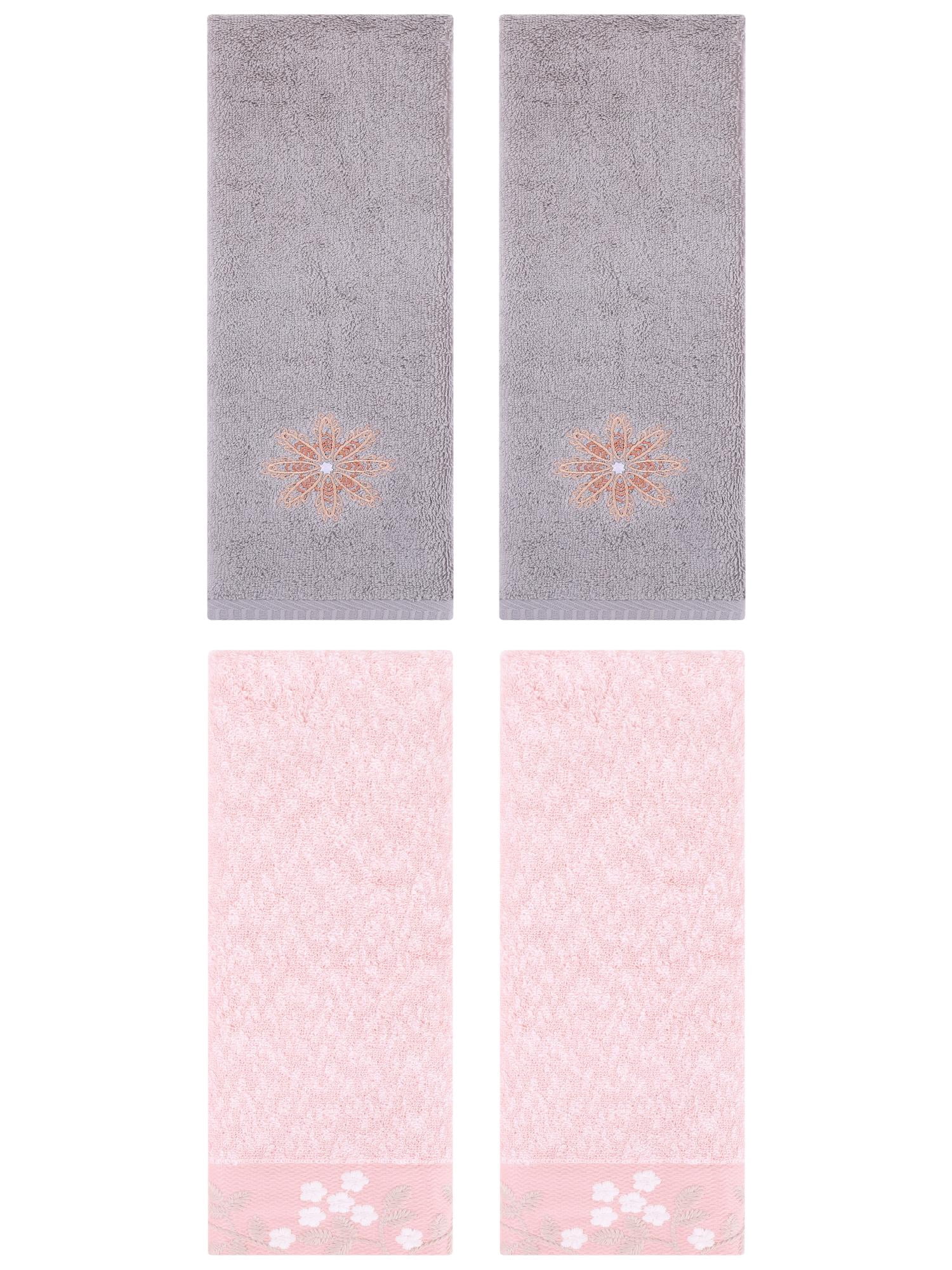 Unique Bargains 4 Pcs Floral Hand Towel Pink/Light Grey 14" x 28"/13" x 30"