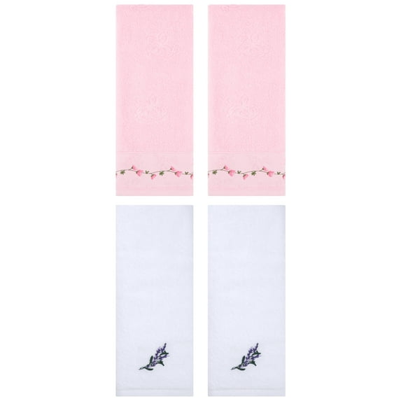 Unique Bargains 4 Pcs Floral Hand Towels for Bathroom 13" x 29" White/Pink