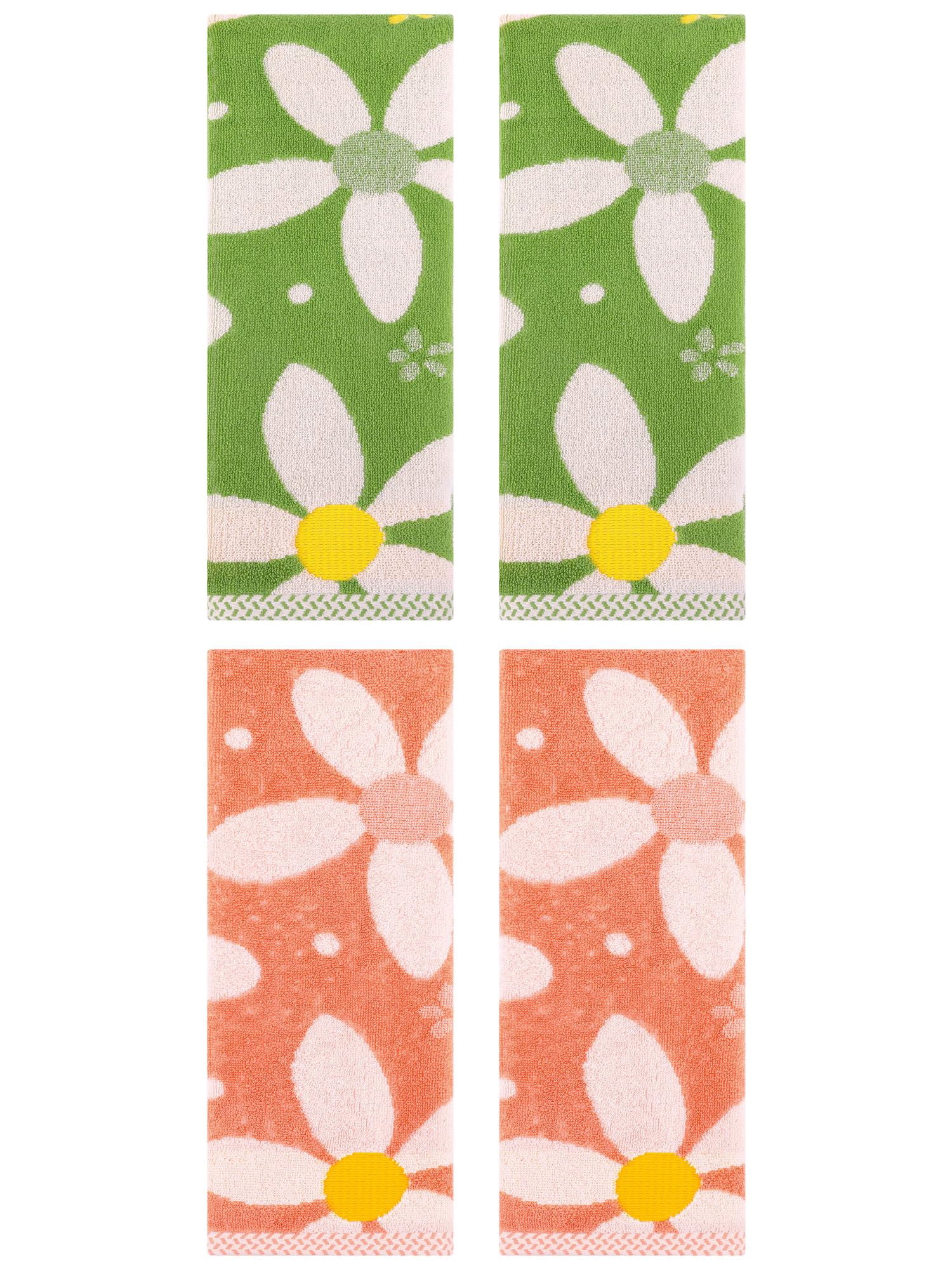 Unique Bargains 4 Pcs Floral Pattern Cotton Hand Towel Set 13 x 29 Inch Orange/Green