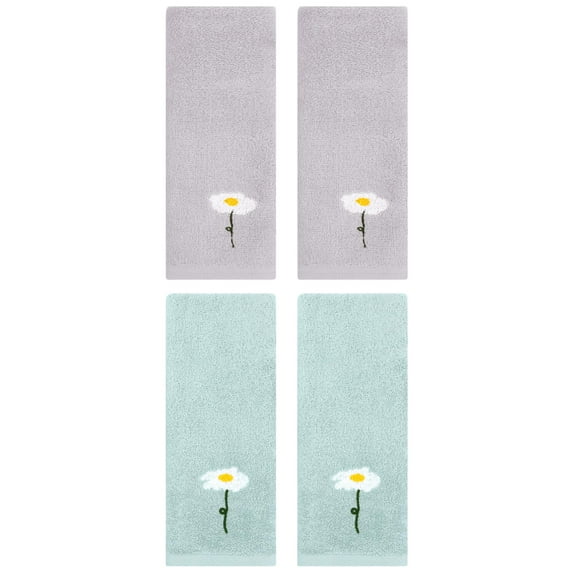 Unique Bargains 4 Pcs Floral Pattern Cotton Hand Towels Grey/Blue 13" x 30"