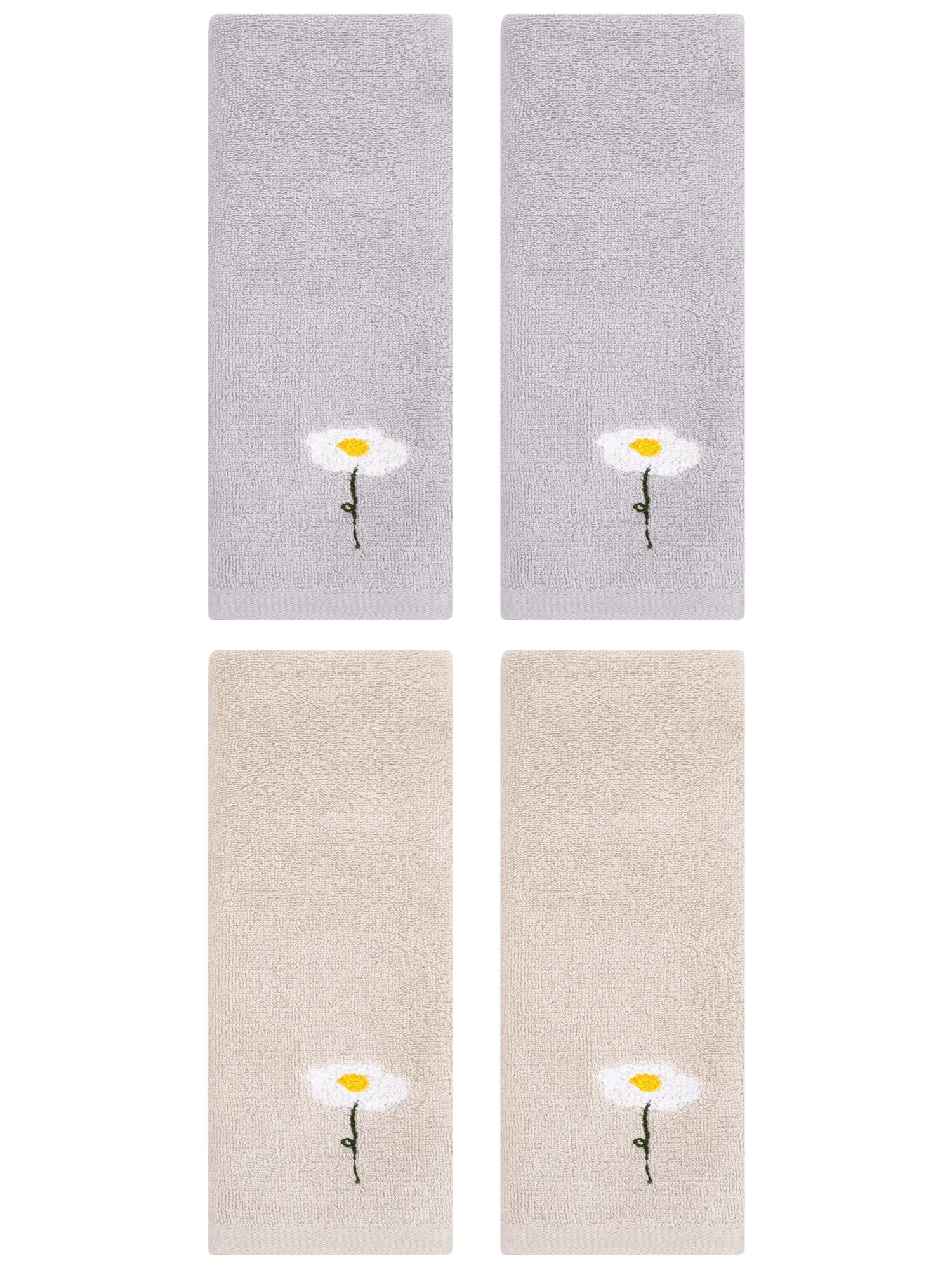 Unique Bargains 4 Pcs Floral Pattern Cotton Hand Towels Light Brown/Grey 13" x 30"
