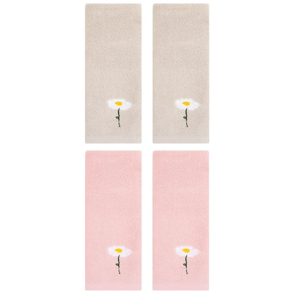 Unique Bargains 4 Pcs Floral Pattern Cotton Hand Towels Light Brown/Pink 13" x 30"