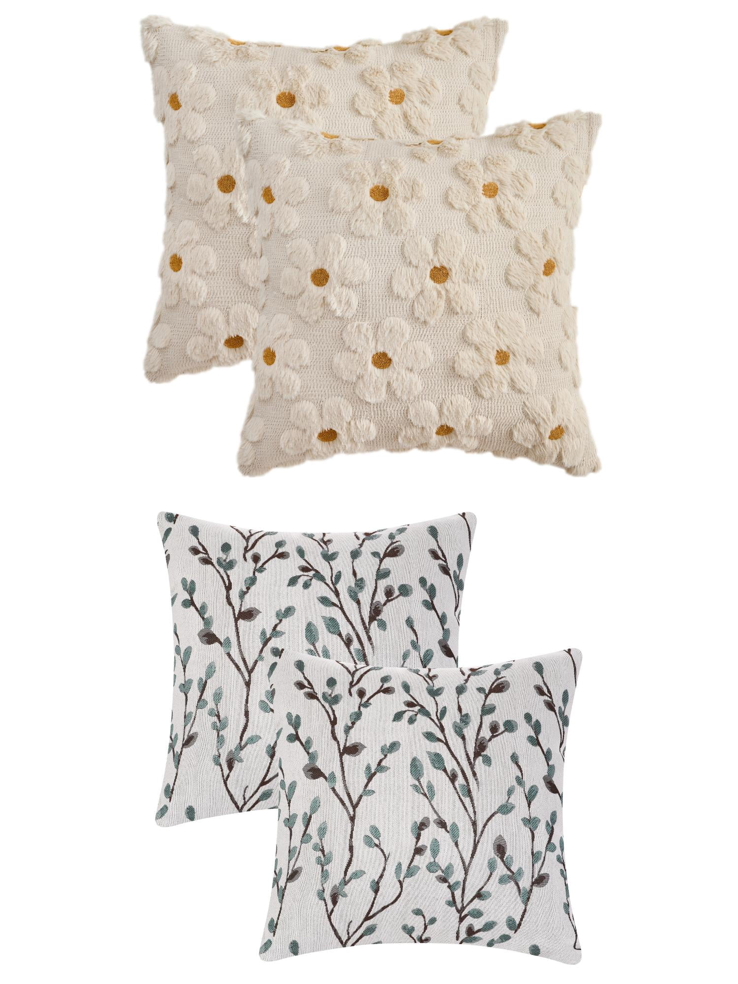 Unique Bargains 4 Pcs Floral Pattern Soft Throw Pillow Covers Blue Flower/Beige