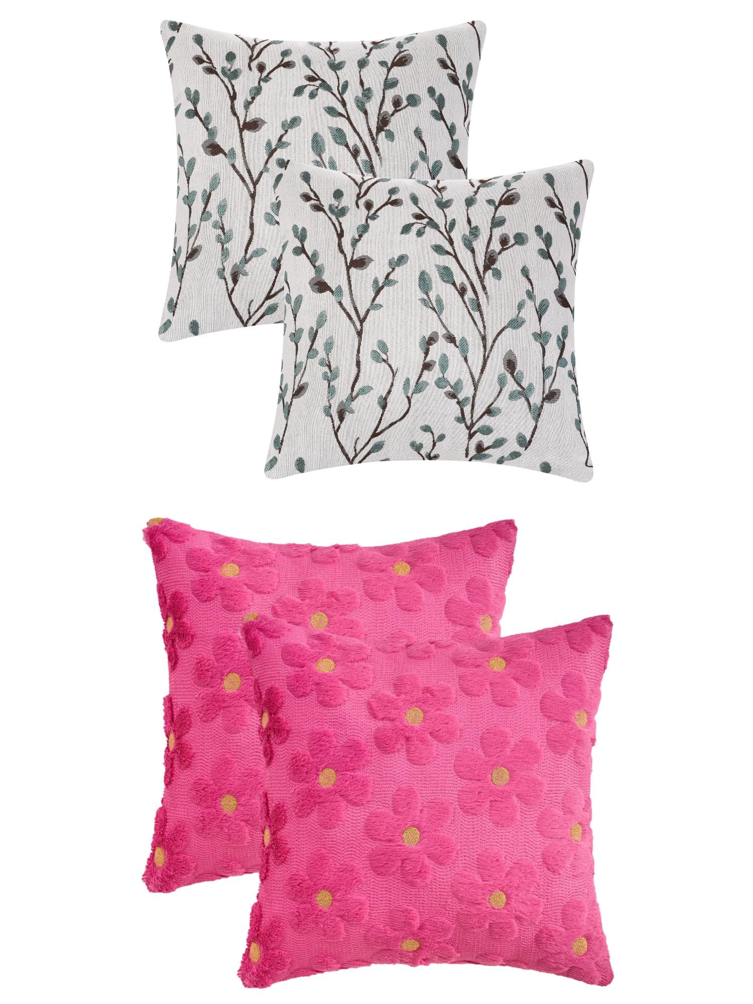 Unique Bargains 4 Pcs Floral Pattern Soft Throw Pillow Covers Blue Flower/Dark Pink