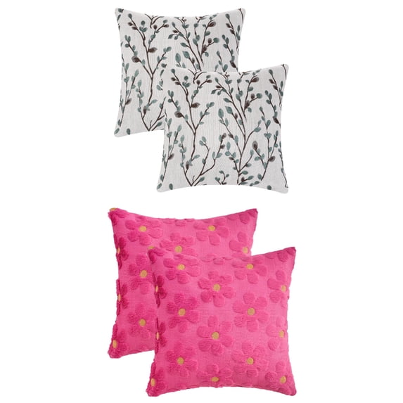 Unique Bargains 4 Pcs Floral Pattern Soft Throw Pillow Covers Blue Flower/Dark Pink
