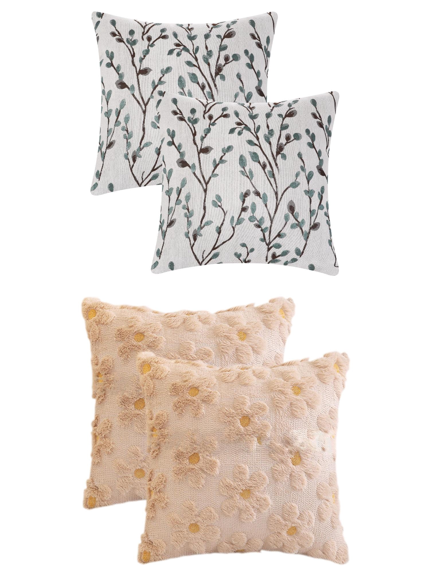 Unique Bargains 4 Pcs Floral Pattern Soft Throw Pillow Covers Blue Flower/Khaki