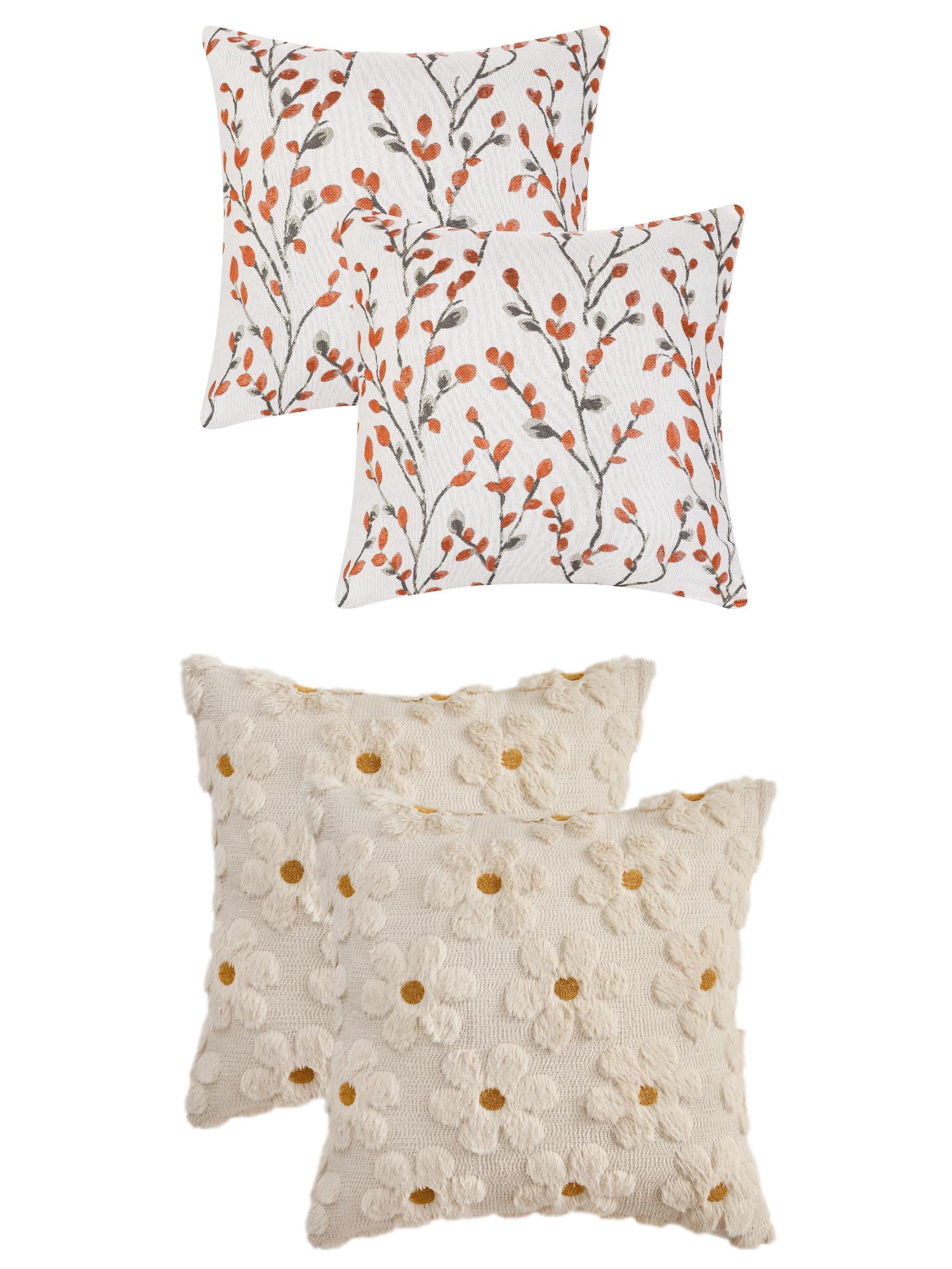 Unique Bargains 4 Pcs Floral Pattern Soft Throw Pillow Covers Orange Flower/Beige