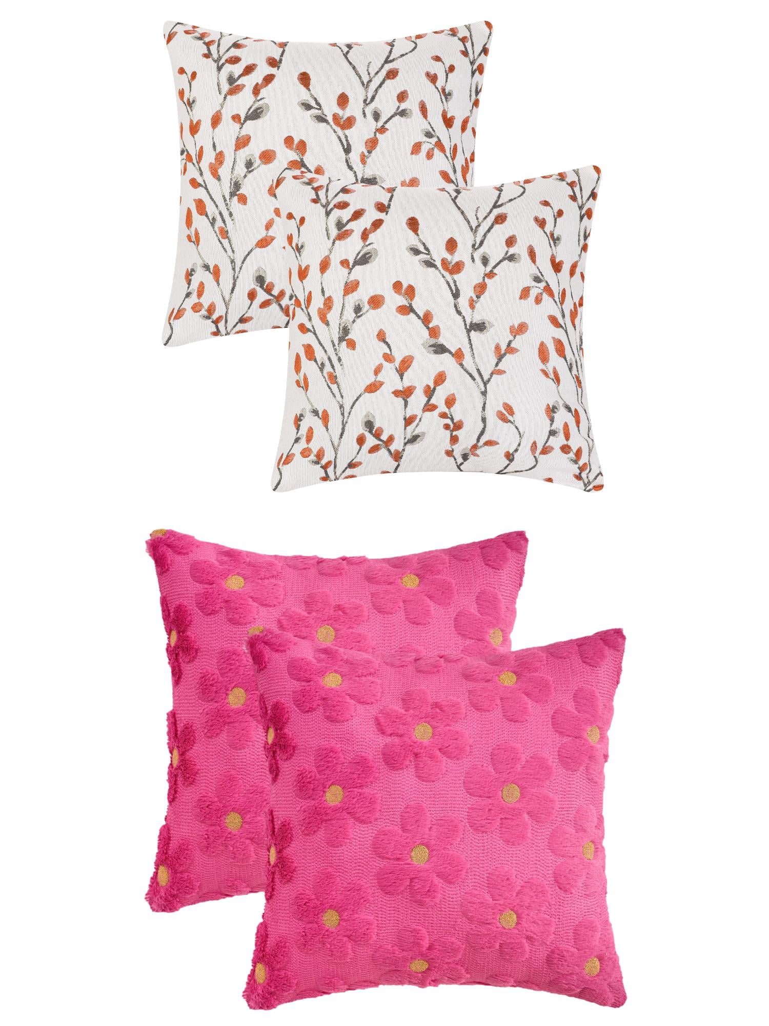 Unique Bargains 4 Pcs Floral Pattern Soft Throw Pillow Covers Orange Flower/Dark Pink