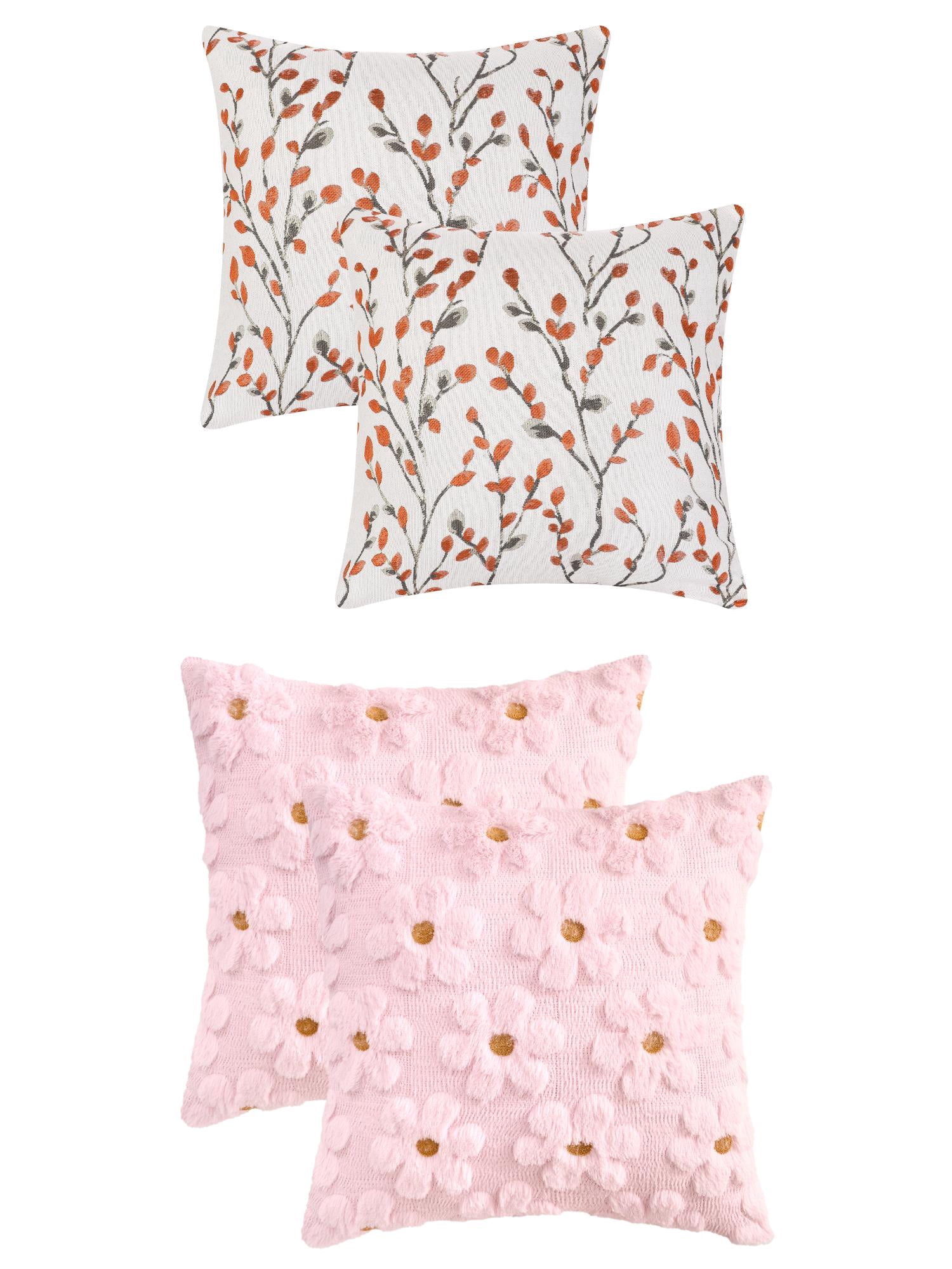 Unique Bargains 4 Pcs Floral Pattern Soft Throw Pillow Covers Orange Flower/Pink