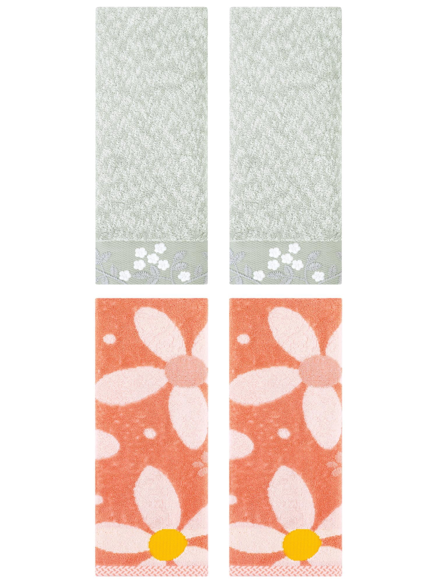 Unique Bargains 4 Pcs Floral Soft Hand Towel Green/Orange 14" x 28"/13" x 29"
