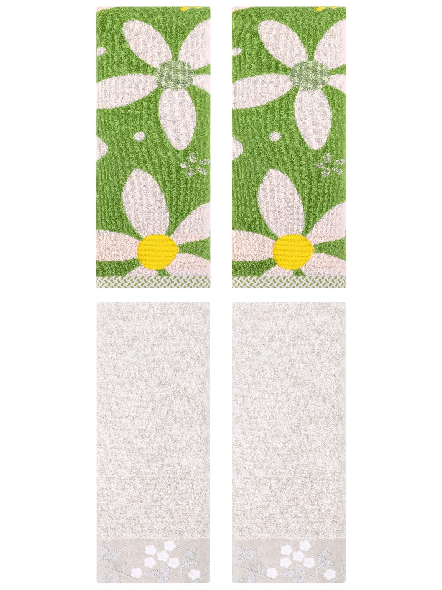 Unique Bargains 4 Pcs Floral Soft Hand Towel Light Brown/Green 14" x 28"/13" x 29"