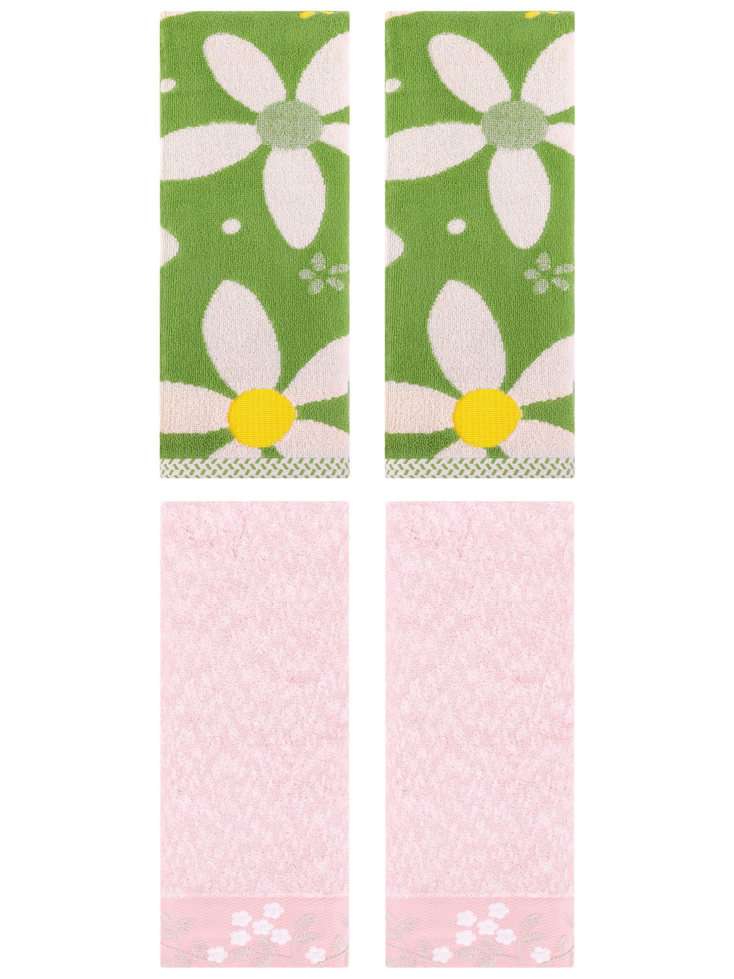 Unique Bargains 4 Pcs Floral Soft Hand Towel Pink/Green 14" x 28"/13" x 29"