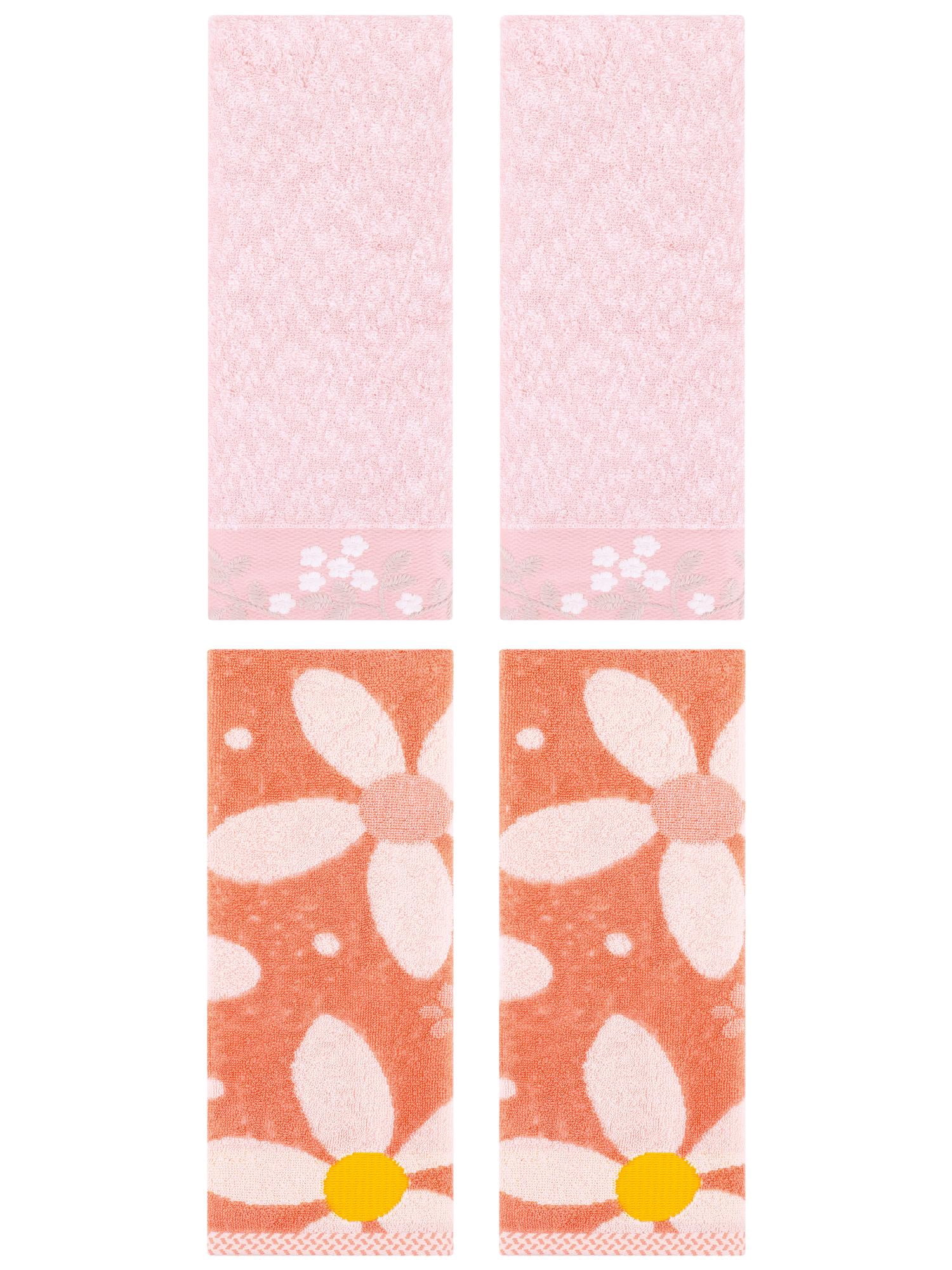 Unique Bargains 4 Pcs Floral Soft Hand Towel Pink/Orange 14" x 28"/13" x 29"