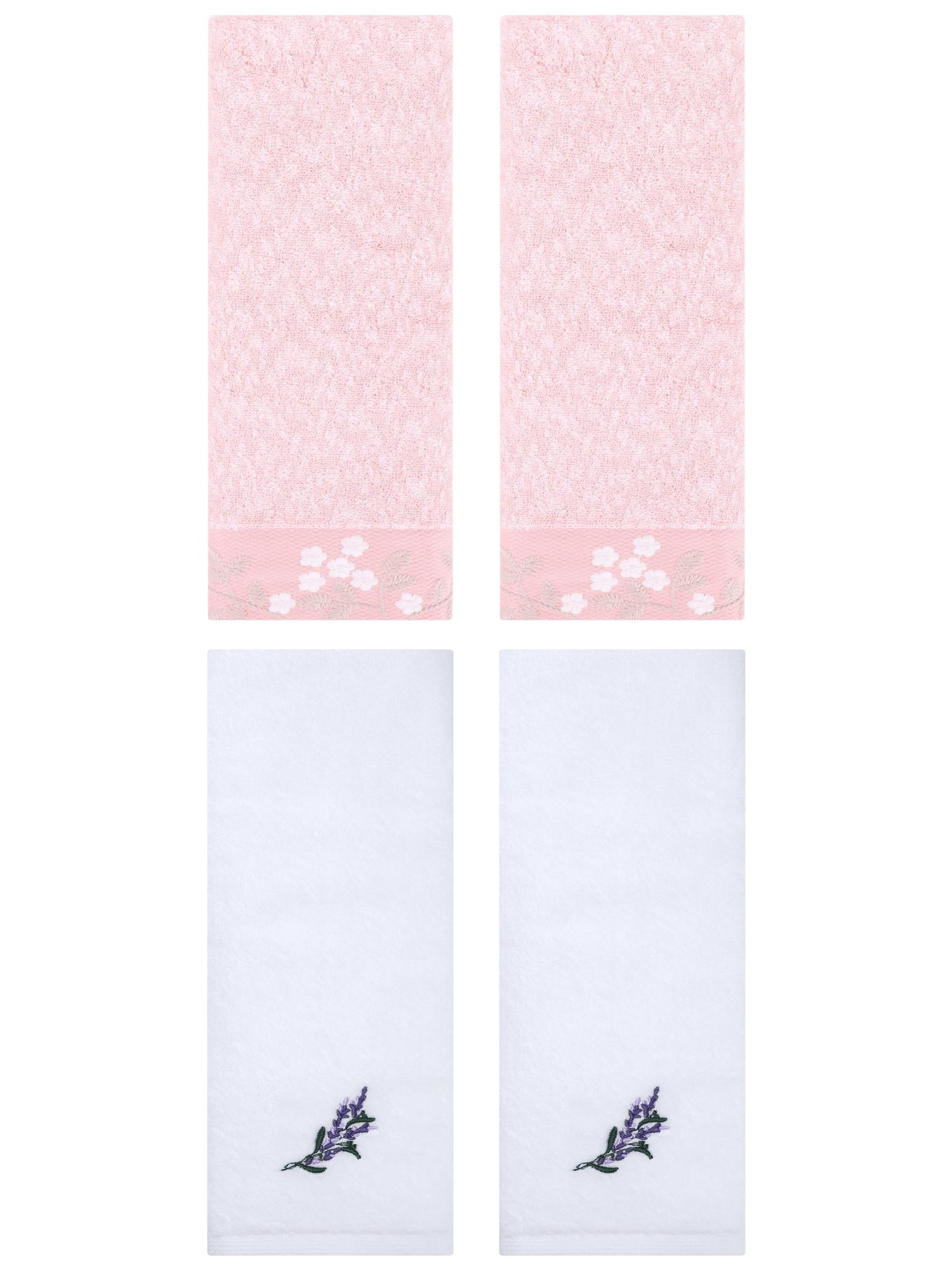 Unique Bargains 4 Pcs Floral Soft Hand Towel Pink/White 14" x 28"/13" x 29"