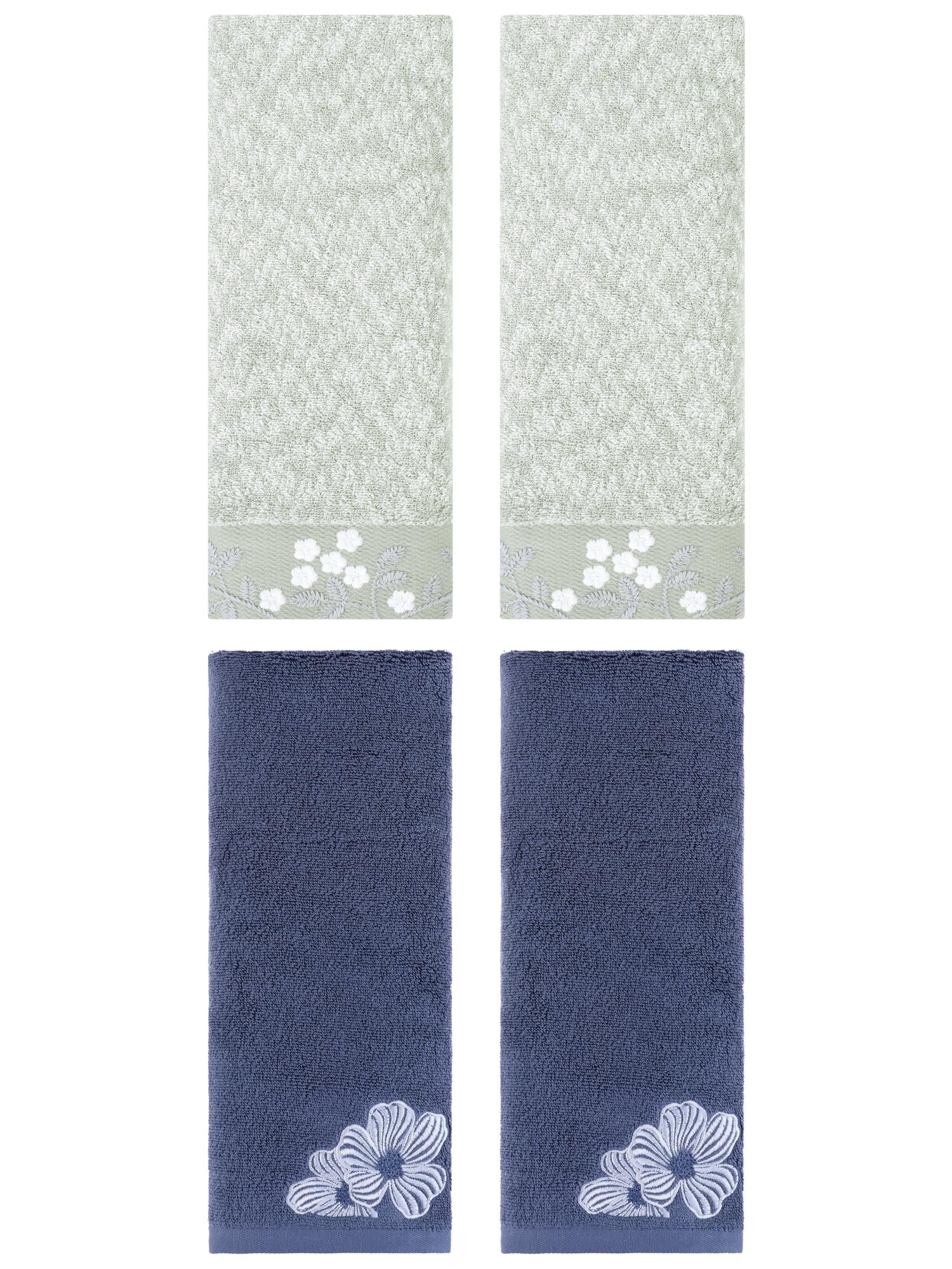 Unique Bargains 4 Pcs Floral Soft Hand Towel Set Green/Navy Blue 14" x 28"/14" x 31"