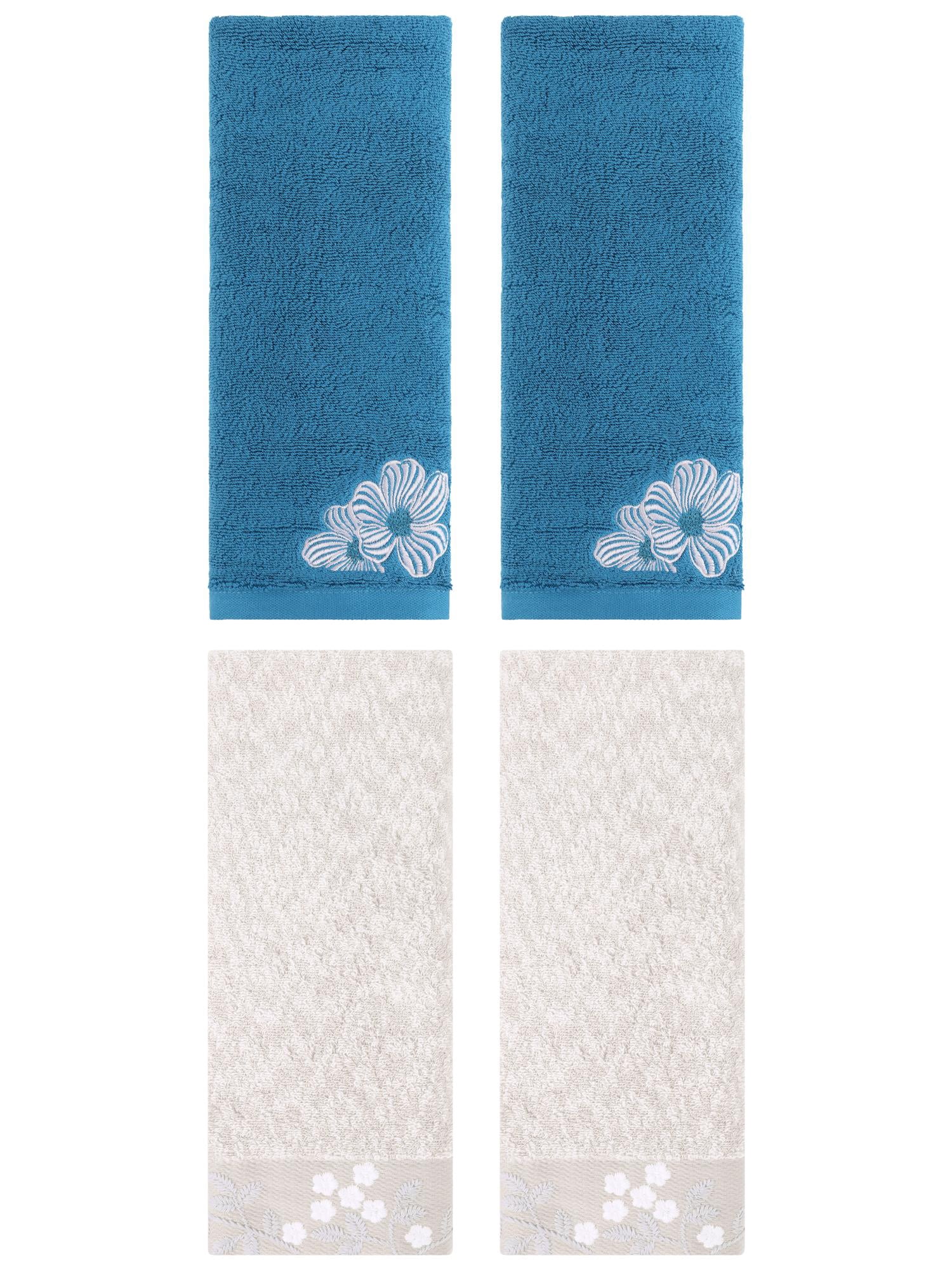 Unique Bargains 4 Pcs Floral Soft Hand Towel Set Light Brown/Blue 14" x 28"/14" x 31"