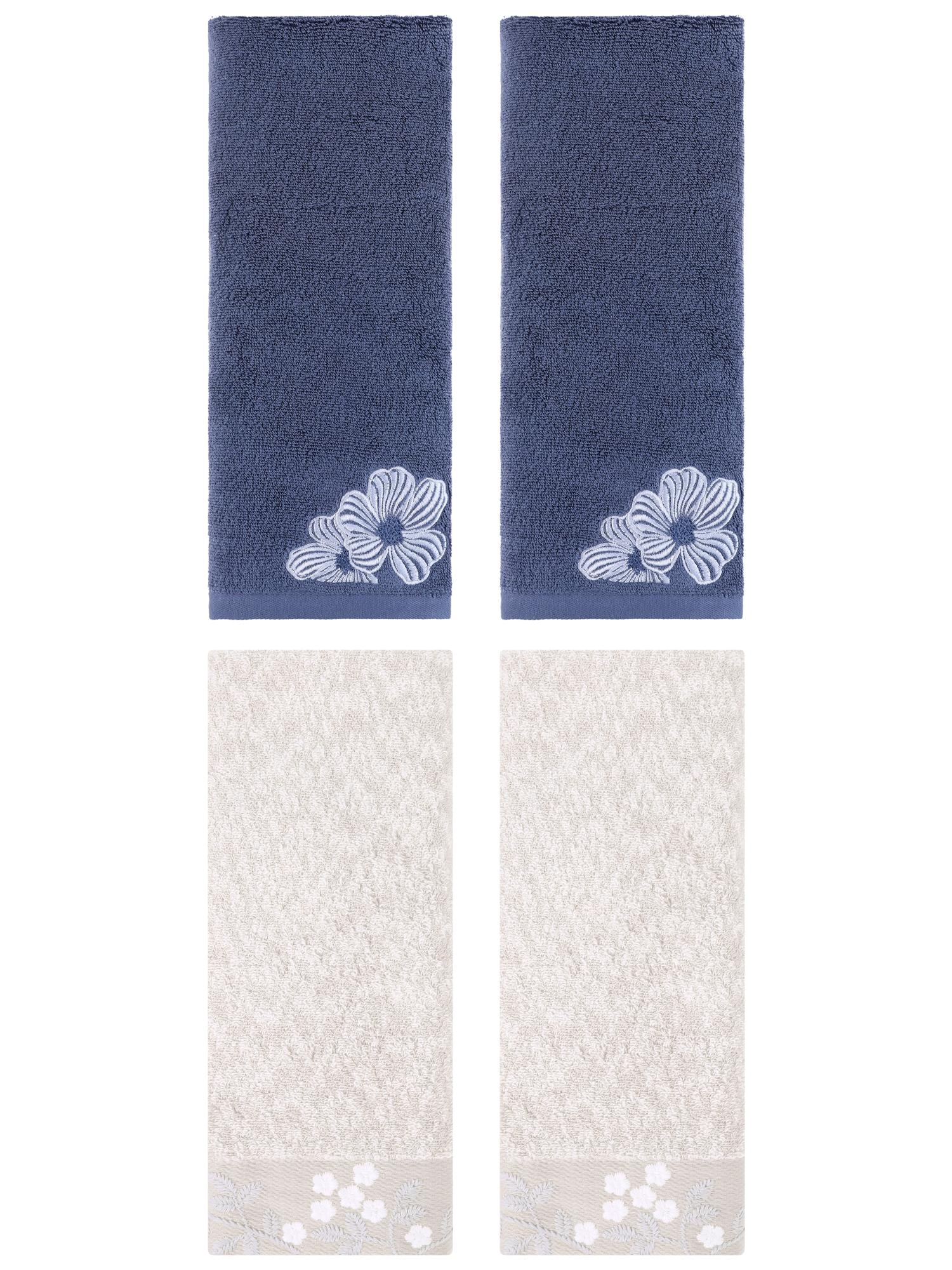 Unique Bargains 4 Pcs Floral Soft Hand Towel Set Light Brown/Navy Blue 14" x 28"/14" x 31"