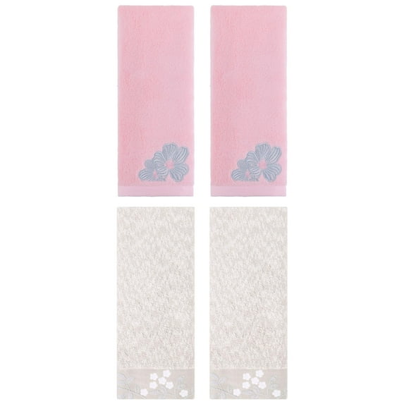 Unique Bargains 4 Pcs Floral Soft Hand Towel Set Light Brown/Pink 14" x 28"/14" x 31"