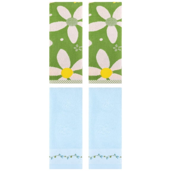 Unique Bargains 4 Pcs Floral Soft Hand Towels 13 x 29 Inch Green/Blue