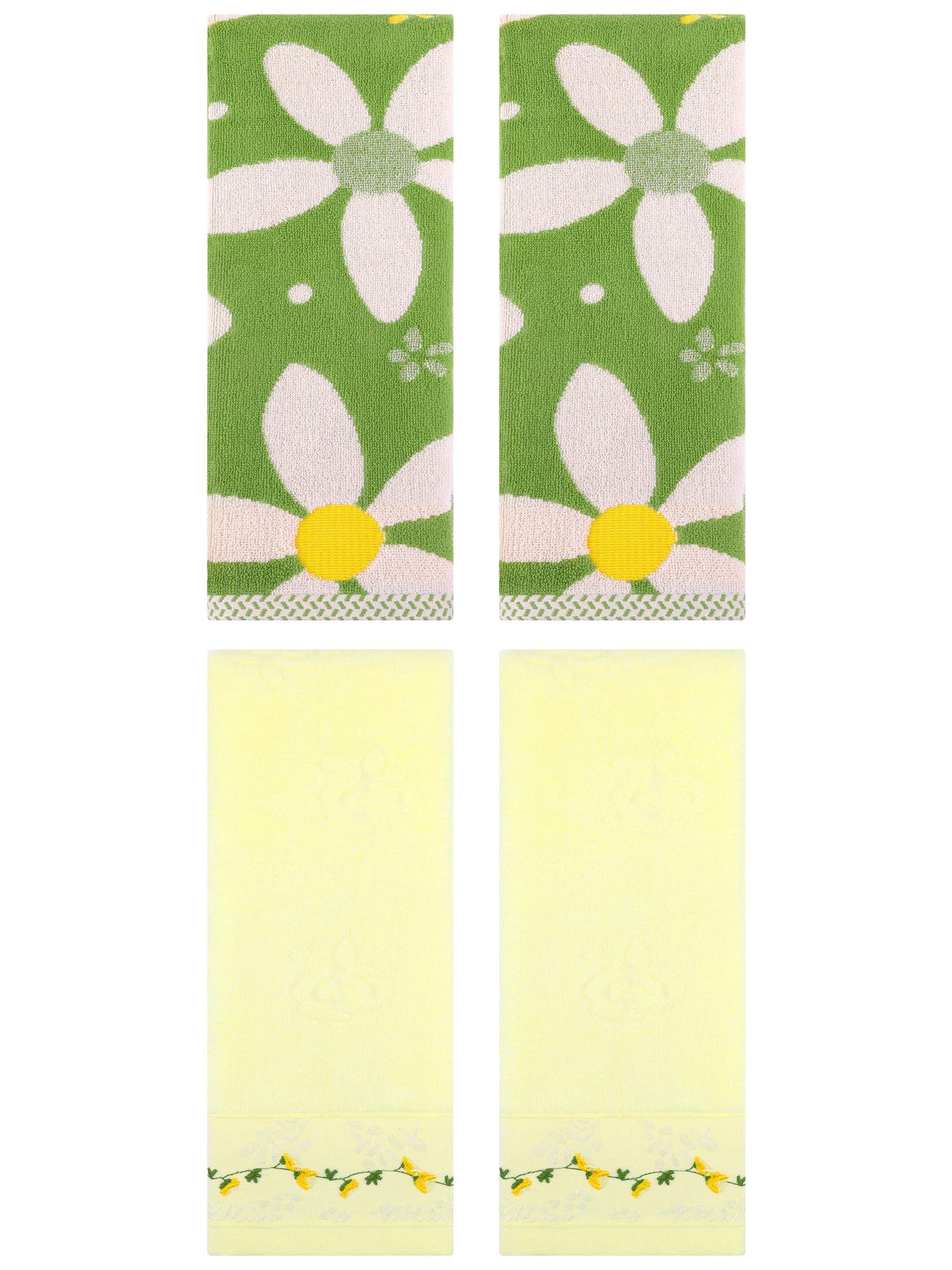 Unique Bargains 4 Pcs Floral Soft Hand Towels 13 x 29 Inch Green/Light Yellow
