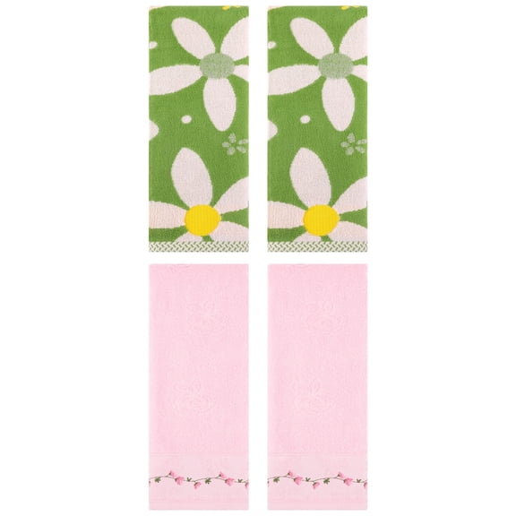 Unique Bargains 4 Pcs Floral Soft Hand Towels 13 x 29 Inch Green/Pink