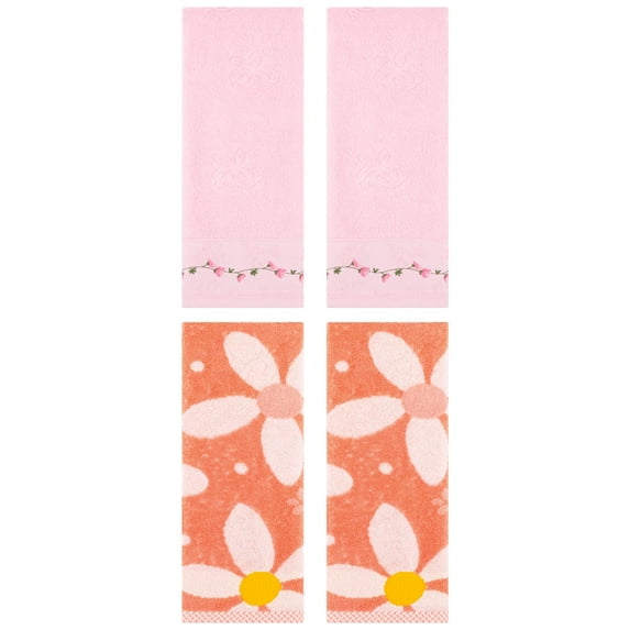 Unique Bargains 4 Pcs Floral Soft Hand Towels 13 x 29 Inch Orange/Pink