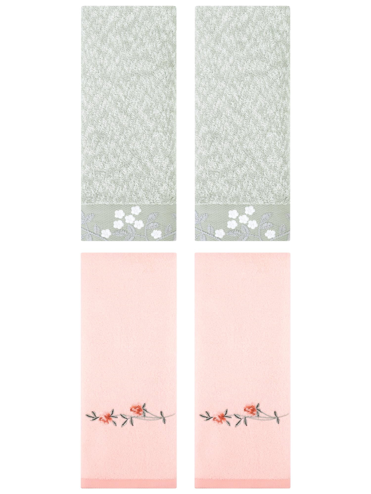 Unique Bargains 4 Pcs FloralCotton Hand Towels Decor Green/Pink 14" x 28"/15" x 30"