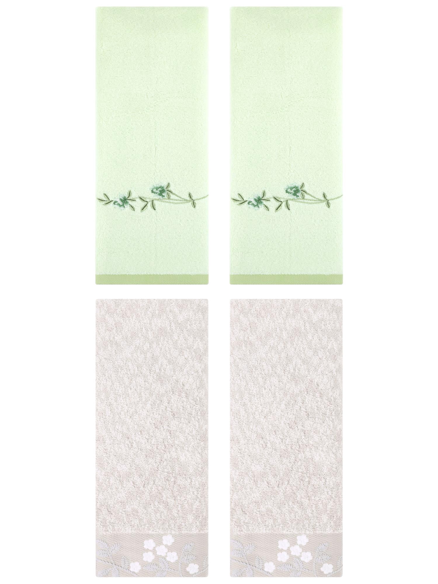 Unique Bargains 4 Pcs FloralCotton Hand Towels Decor Light Brown/Green 14" x 28"/15" x 30"