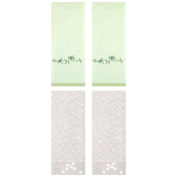 Unique Bargains 4 Pcs FloralCotton Hand Towels Decor Light Brown/Green 14" x 28"/15" x 30"