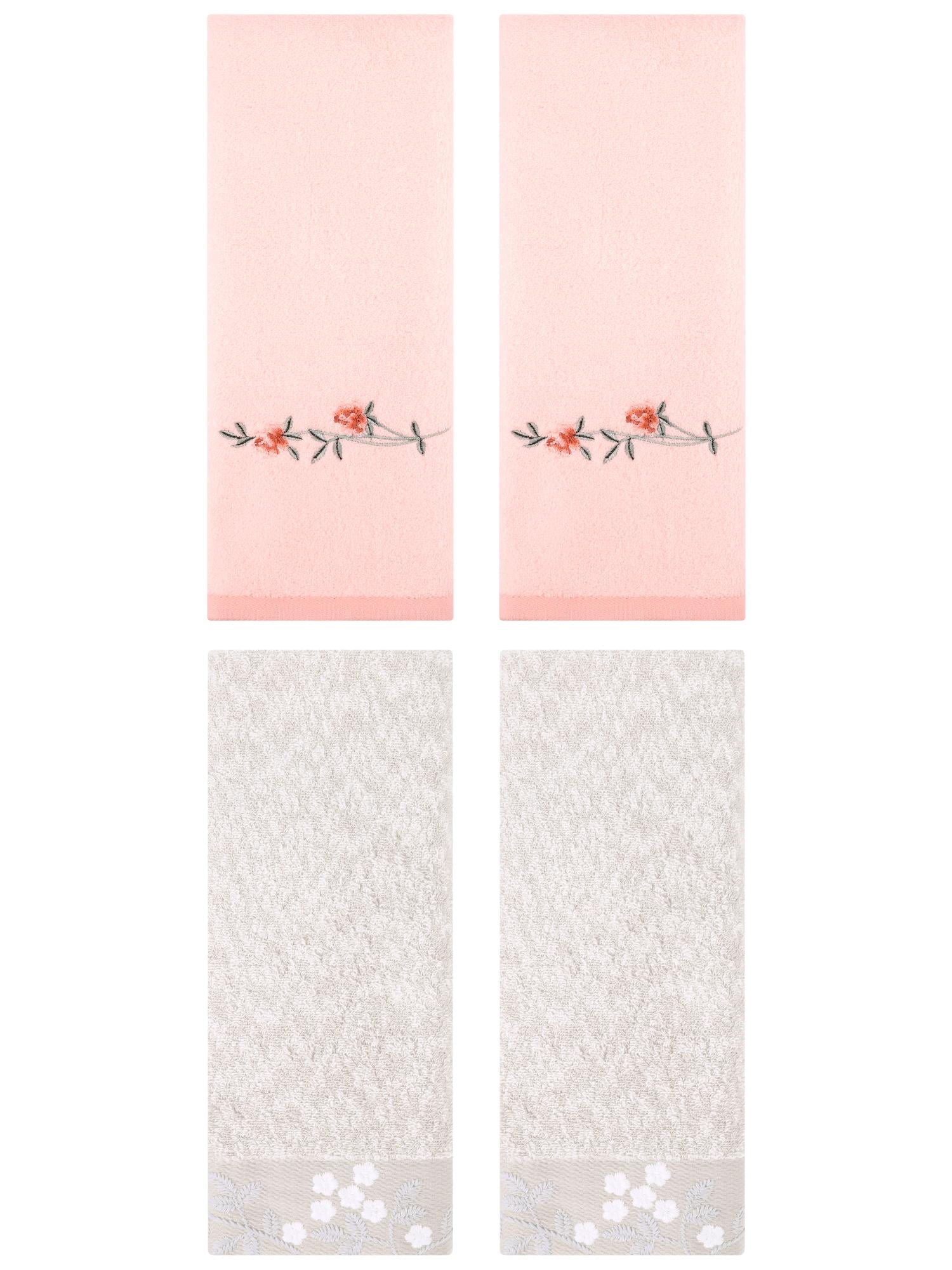 Unique Bargains 4 Pcs FloralCotton Hand Towels Decor Light Brown/Pink 14" x 28"/15" x 30"