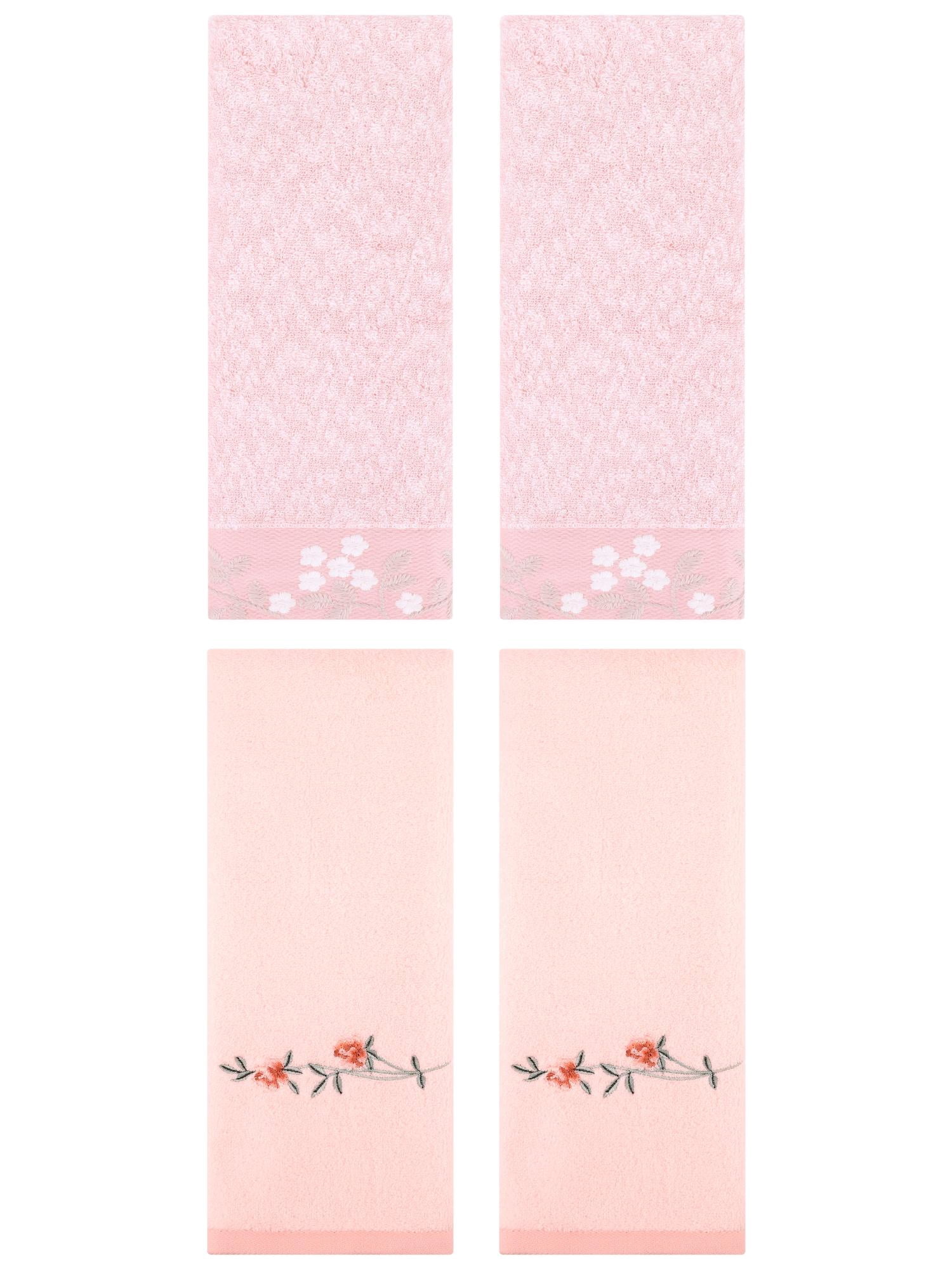 Unique Bargains 4 Pcs FloralCotton Hand Towels Decor Pink 14" x 28"/15" x 30"