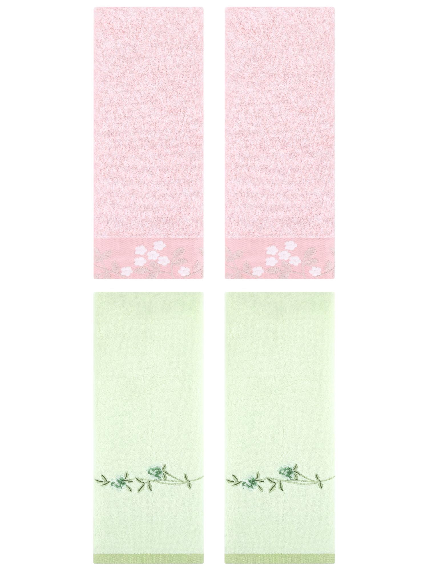 Unique Bargains 4 Pcs FloralCotton Hand Towels Decor Pink/Green 14" x 28"/15" x 30"