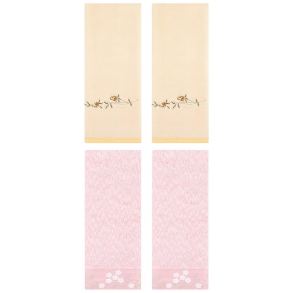 Unique Bargains 4 Pcs FloralCotton Hand Towels Decor Pink/Yellow 14" x 28"/15" x 30"