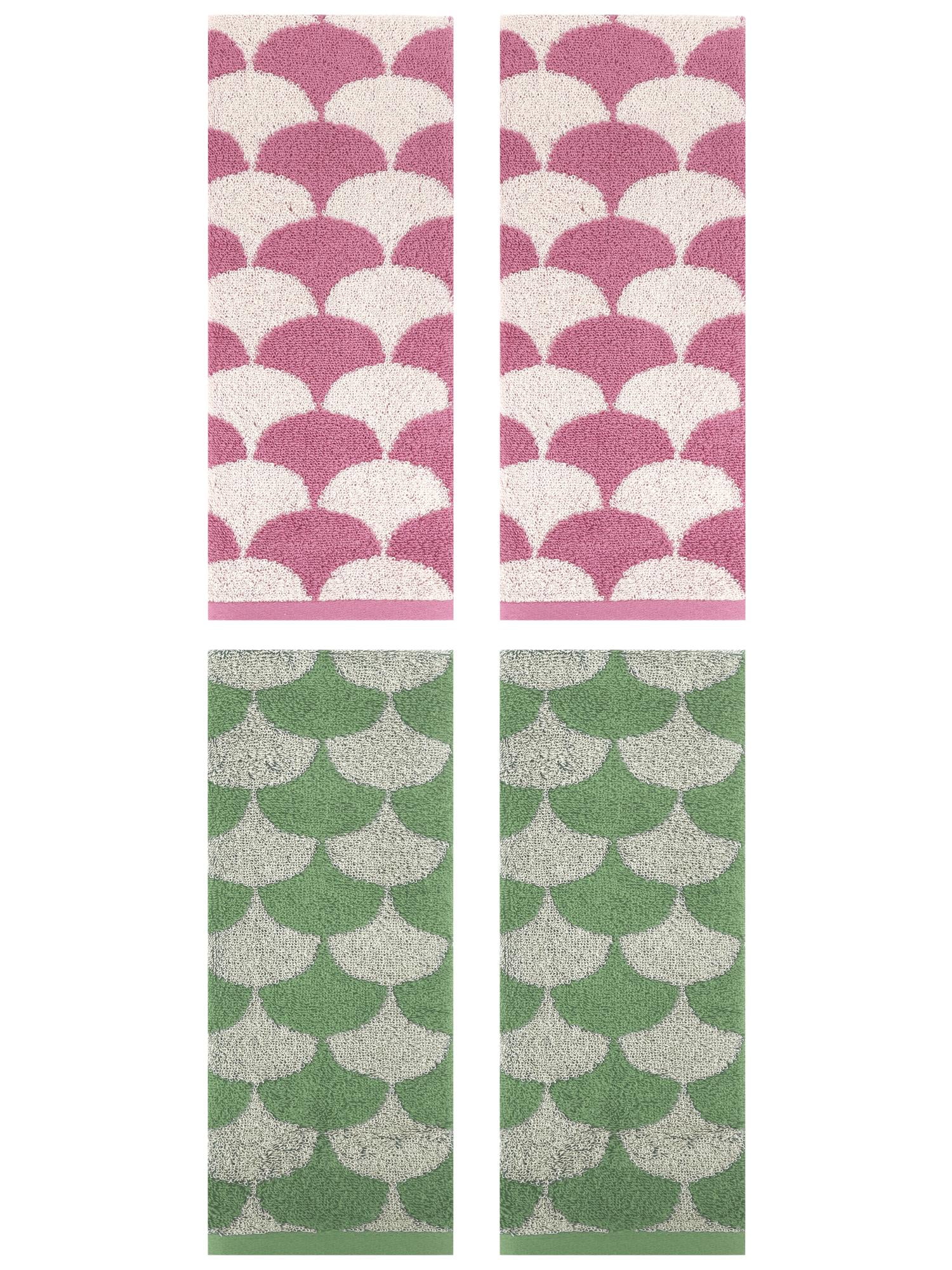 Unique Bargains 4 Pcs Geometric Cotton Hand Towels Green/Pink 13" x 29"