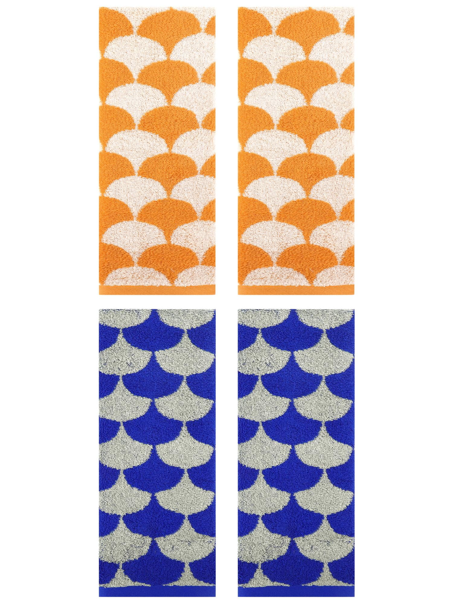 Unique Bargains 4 Pcs Geometric Cotton Hand Towels Orange/Blue 13" x 29"