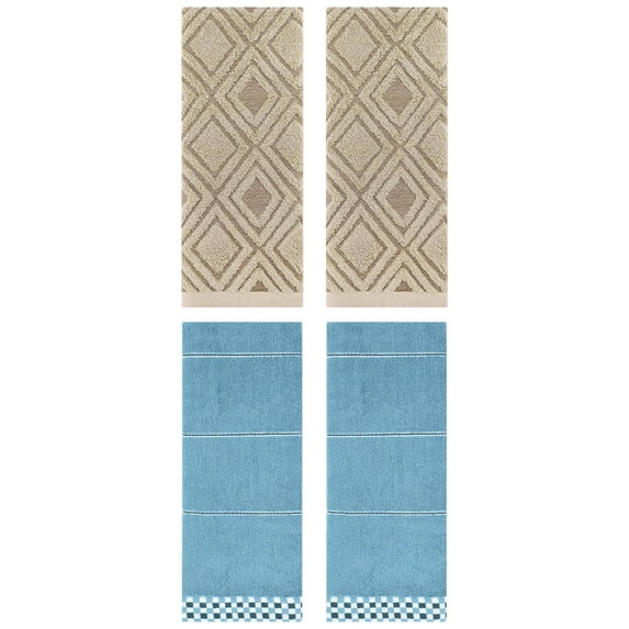 Unique Bargains 4 Pcs Geometric Soft Hand Towels Blue/Brown 14" x 30"/13" x 29"