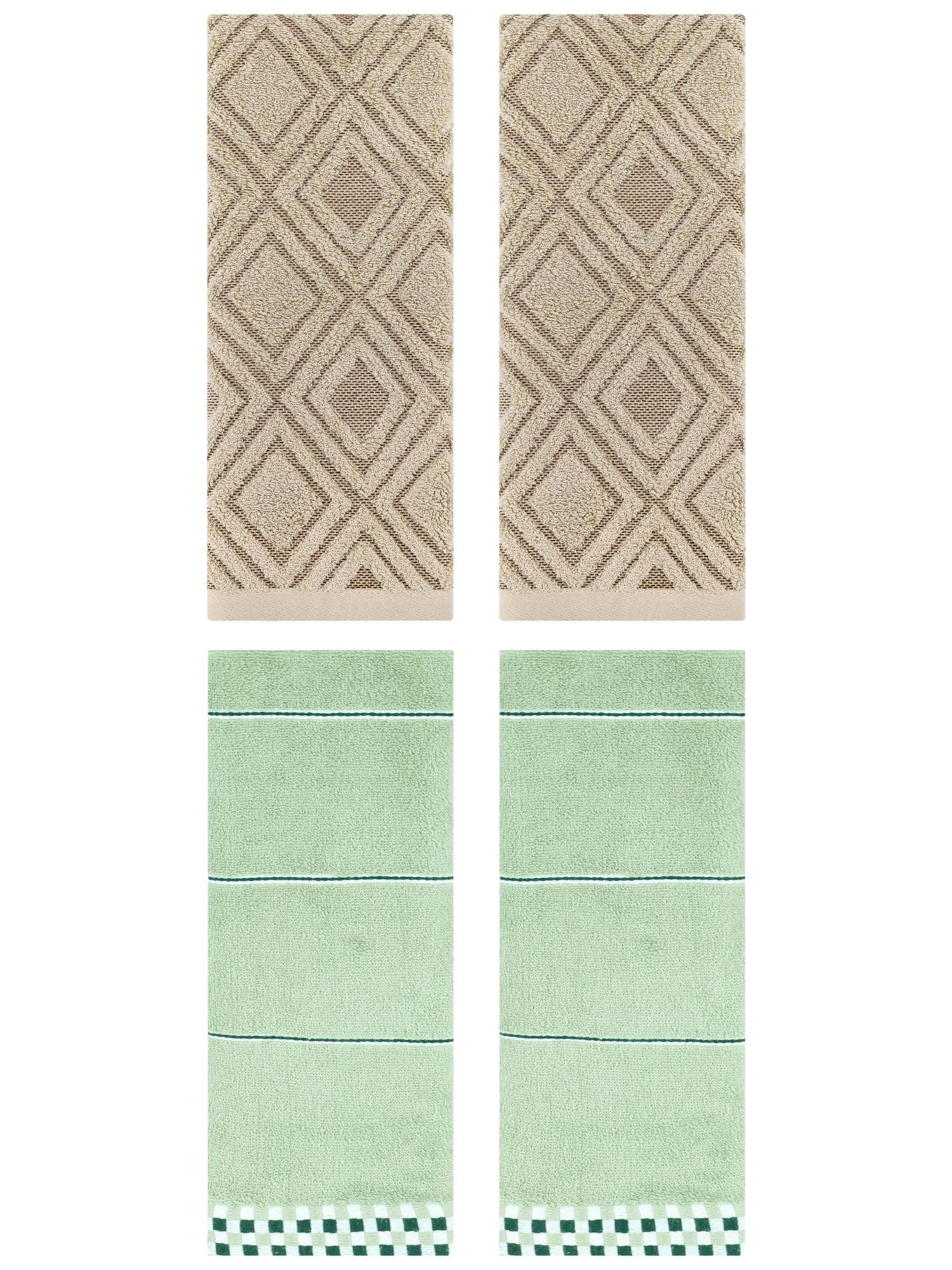 Unique Bargains 4 Pcs Geometric Soft Hand Towels Light Green/Brown 14" x 30"/13" x 29"